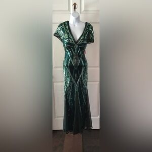 R&M Richards Women Green Sequin Collarless Vneck Cap Sleeve Gown Size 14P